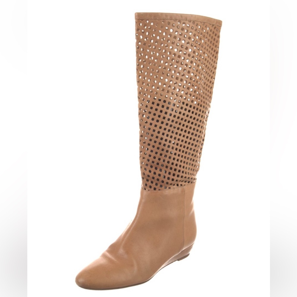 Loeffler Randall Brown Perforated Wedge Heel Knee High Riding Boots Size 6 $498 - Picture 2 of 9
